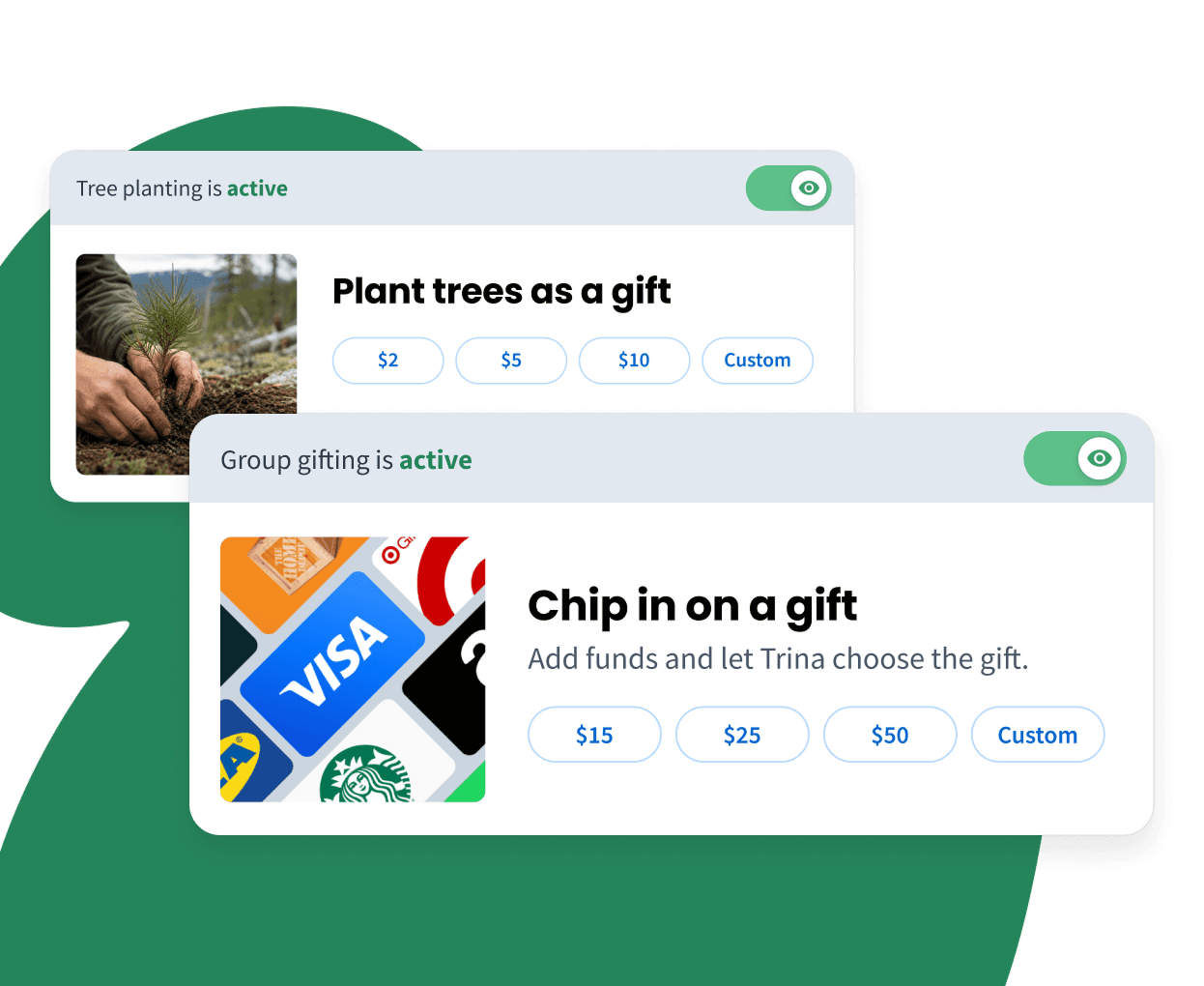 Planting trees as a gift and contributing to a group gift fund