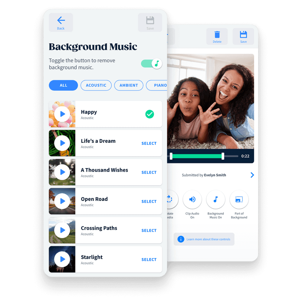 Personalize your video with a beautiful theme, background music, and text cards